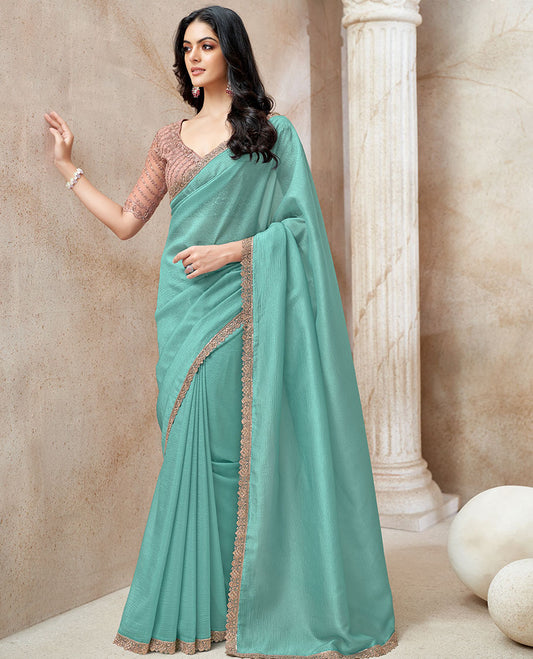 Pale green crushed-style plain designer saree, scallop sequins, embroidered lace border & embroidered blouse