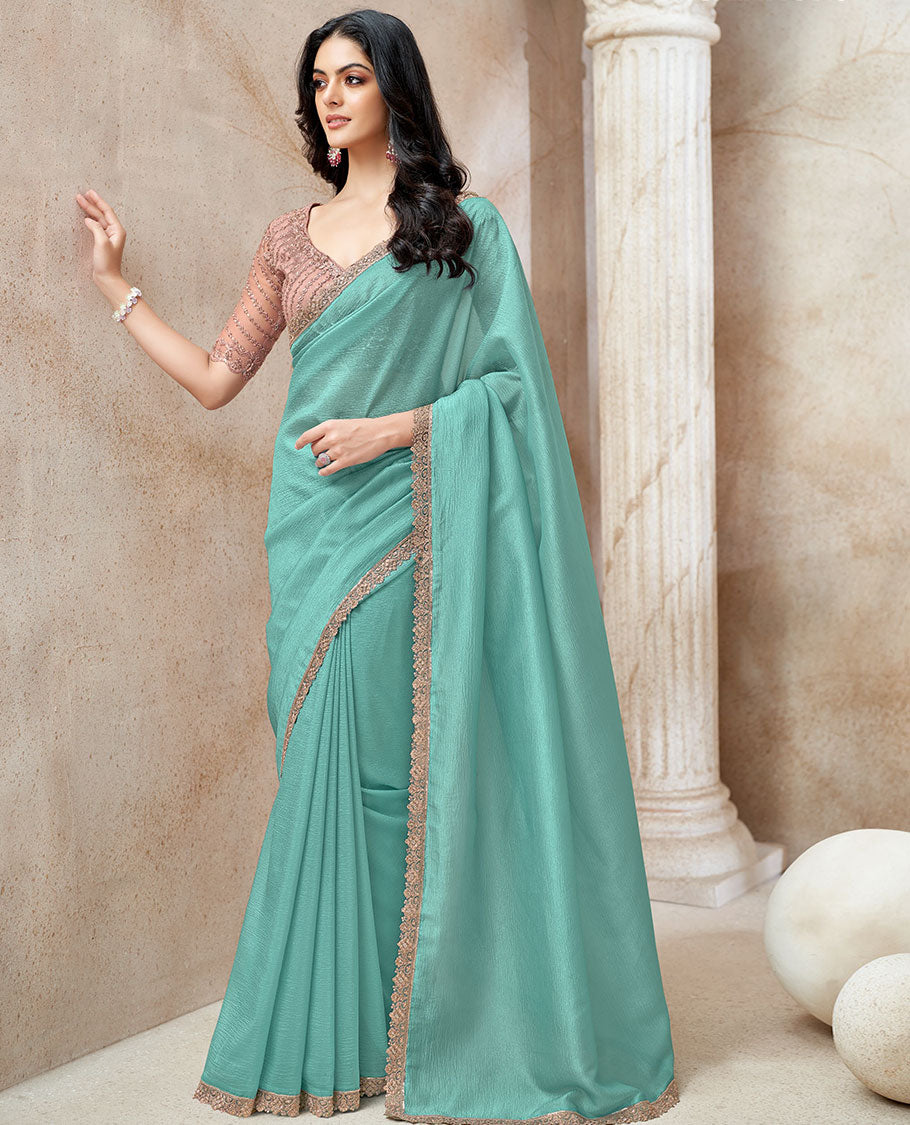 Pale green crushed-style plain designer saree, scallop sequins, embroidered lace border & embroidered blouse