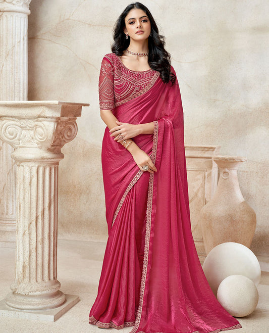 Pink plain designer saree, scallop embroidered lace border & embroidered blouse