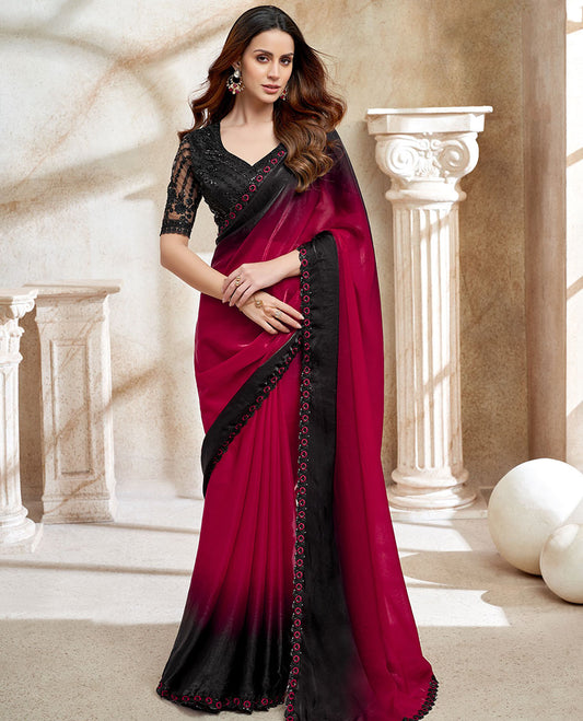 Red & black ombre plain designer saree, floral-theme sequin embroidered lace, scallop border & contrast black embroidered blouse