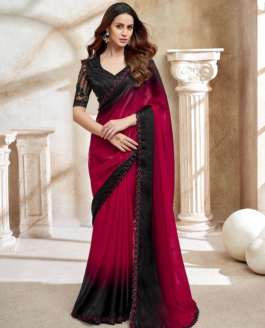 Red & black ombre plain designer saree, floral-theme sequin embroidered lace, scallop border & contrast black embroidered blouse