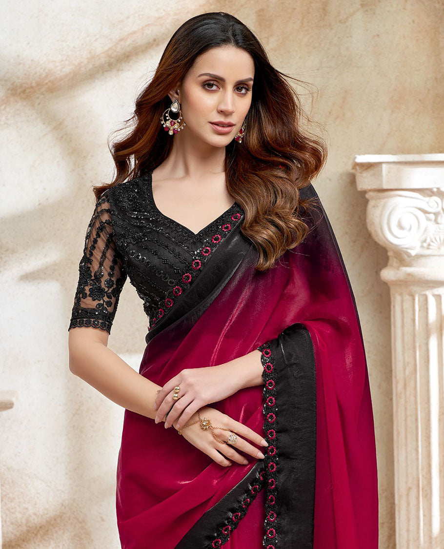 Red & black ombre plain designer saree, floral-theme sequin embroidered lace, scallop border & contrast black embroidered blouse