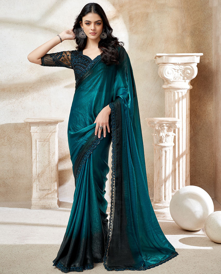 Peacock ombre plain designer saree, scallop floral-theme sequin embroidered lace border & embroidered black blouse