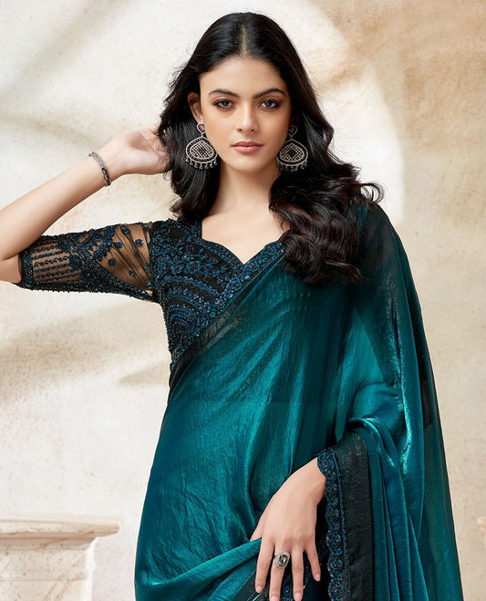 Peacock ombre plain designer saree, scallop floral-theme sequin embroidered lace border & embroidered black blouse