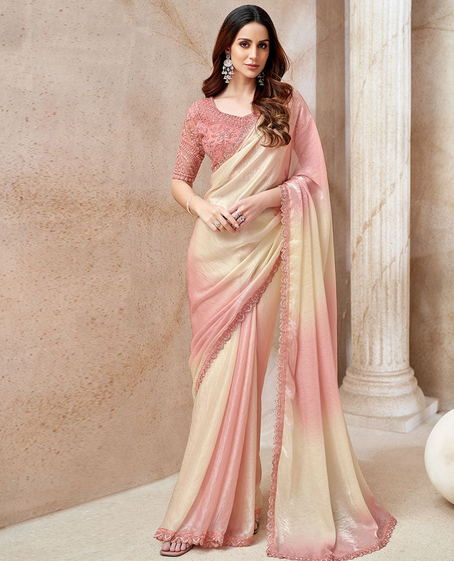 Sandal & peach ombre plain designer saree, scallop thread-sequin embroidered lace border & embroidered peach blouse
