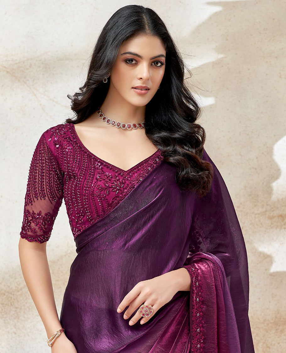 Purple ombre plain designer saree, scallop thread-sequin floral embroidered lace border & embroidered purple blouse