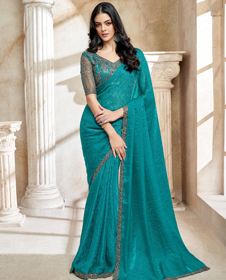 Blue floral design designer saree, scallop embroidered lace border & embroidered blouse