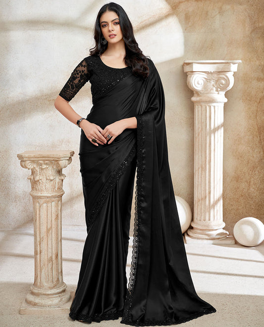 Black plain design satin designer saree, scallop sequins, embroidered lace border & embroidered blouse