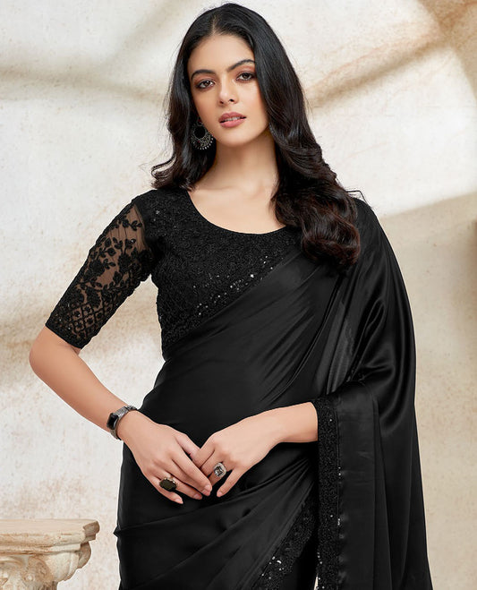Black plain design satin designer saree, scallop sequins, embroidered lace border & embroidered blouse