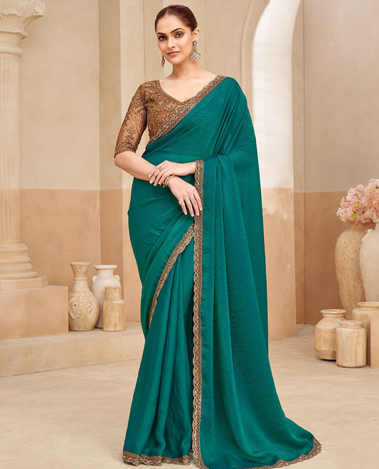 Peacock green plain designer saree, contrast embroidered scallop border