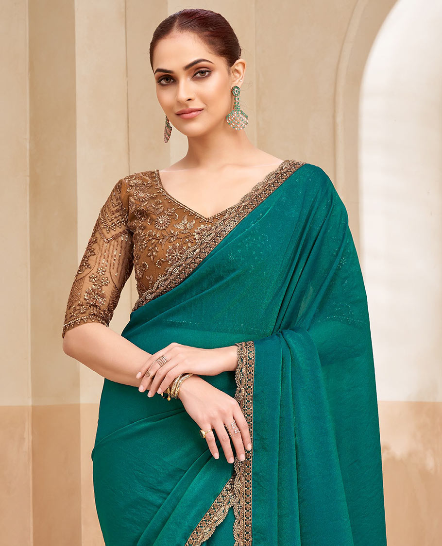 Peacock green plain designer saree, contrast embroidered scallop border