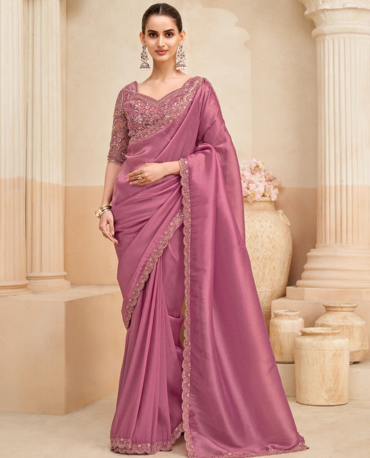Pink plain designer saree, scallop embroidered border