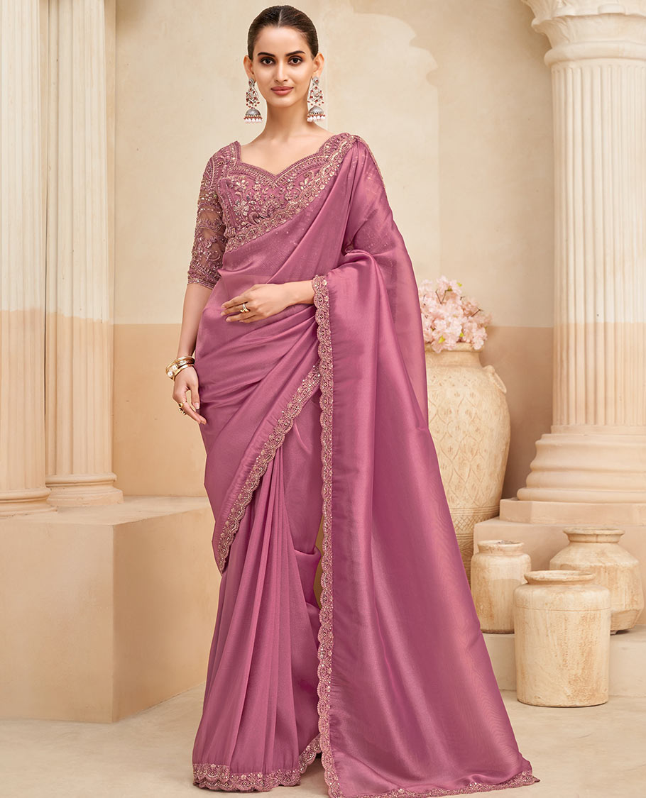 Pink plain designer saree, scallop embroidered border