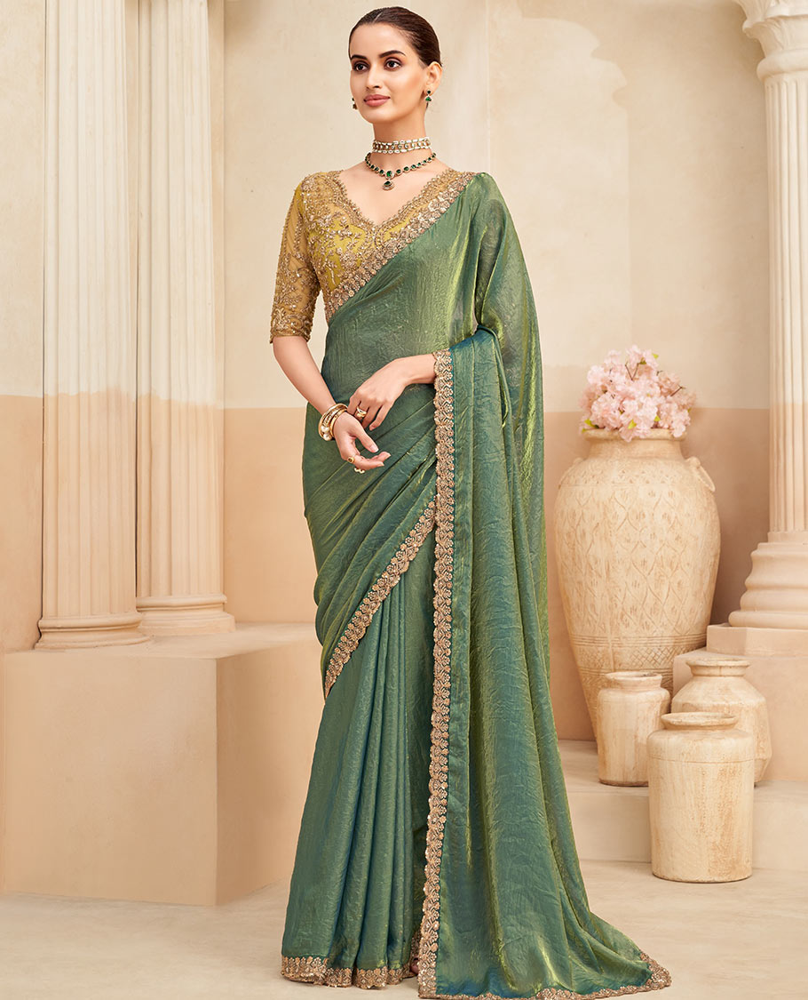 Green plain designer saree, scallop thread embroidered border