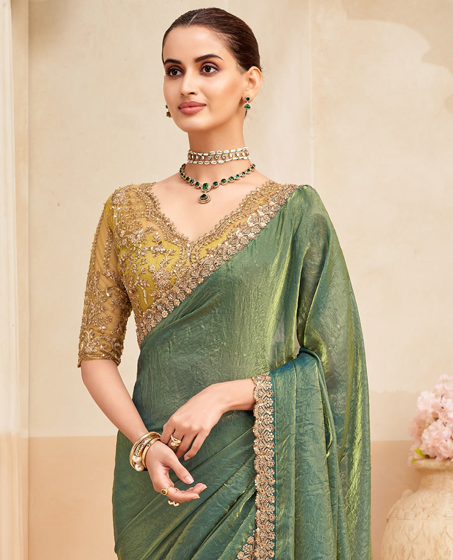 Green plain designer saree, scallop thread embroidered border