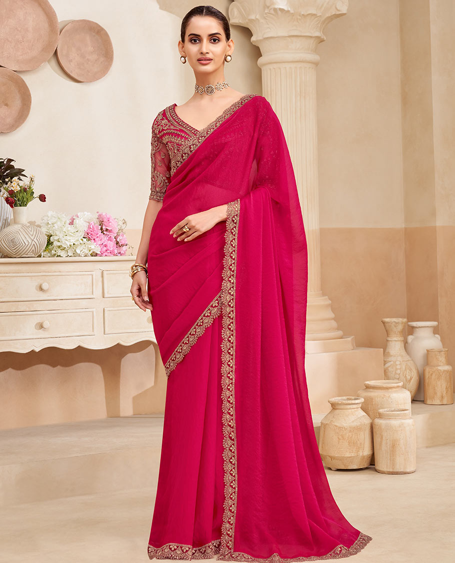 Dark pink plain designer saree, scallop embroidered border