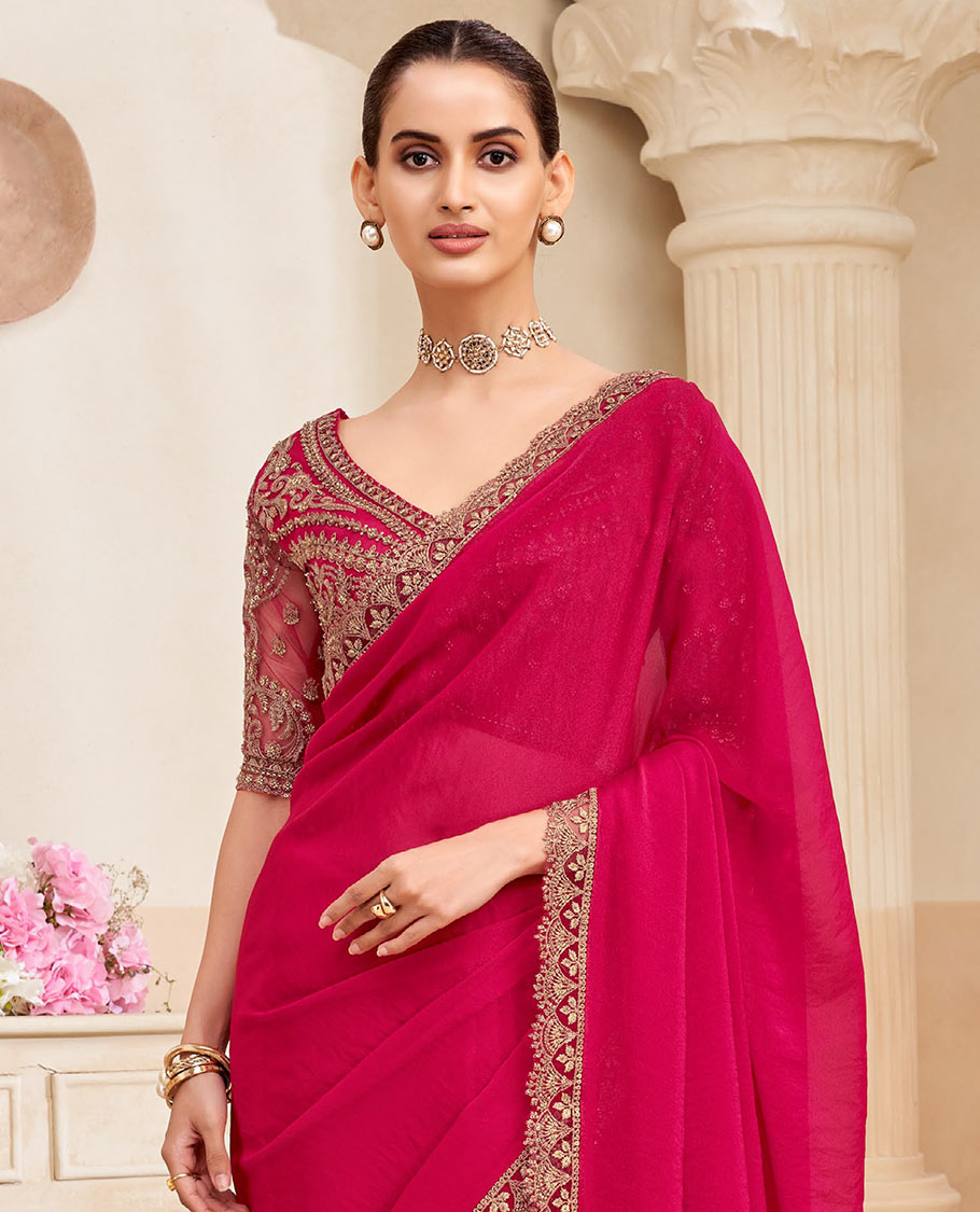 Dark pink plain designer saree, scallop embroidered border