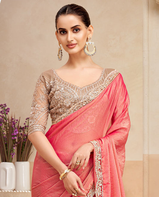 Peach plain designer saree, contrast scallop embroidered border