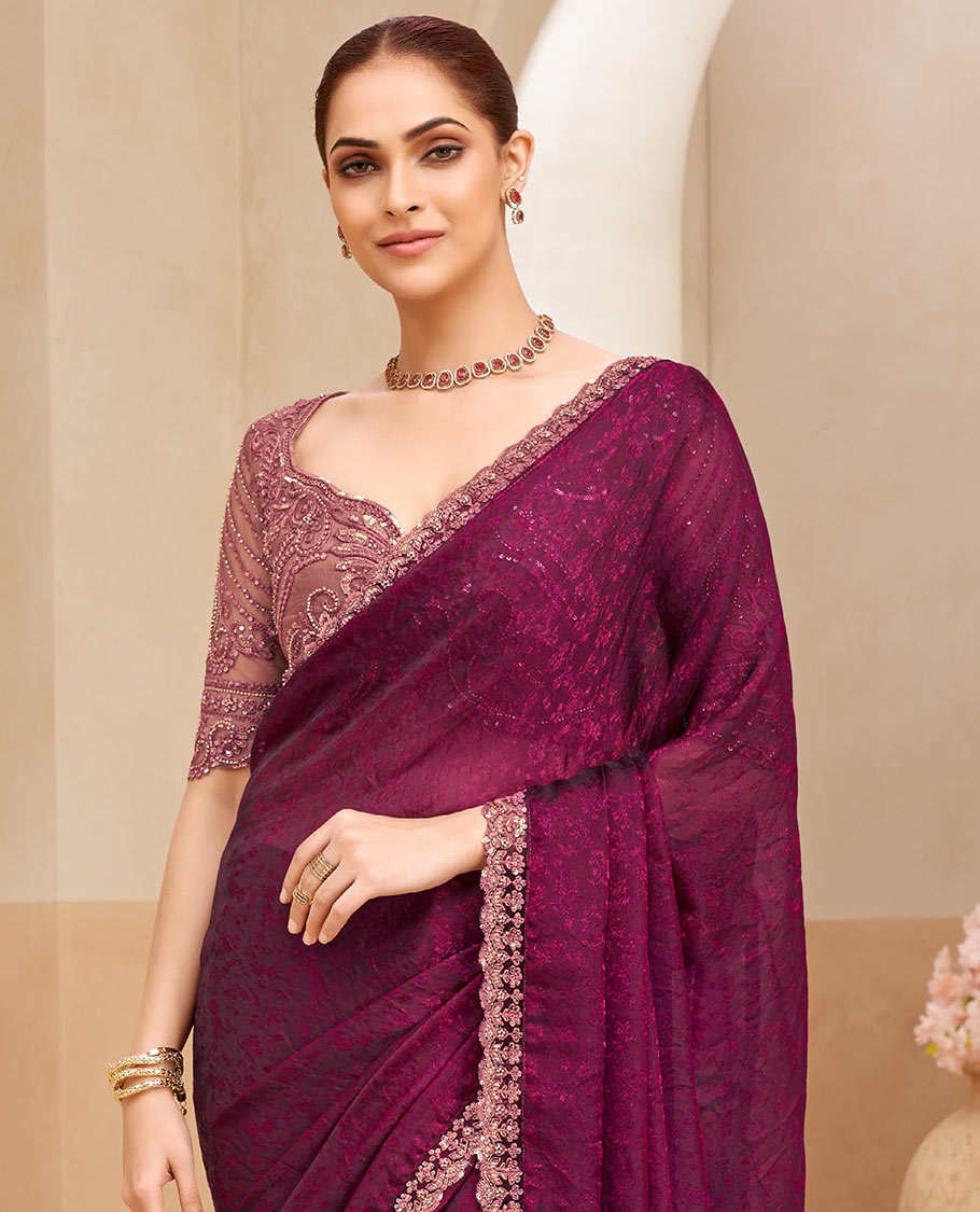 Purple floral vine designer saree, scallop floral embroidered border