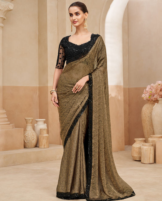 Pale brown floral vine designer saree, contrast sequins embroidered scallop border