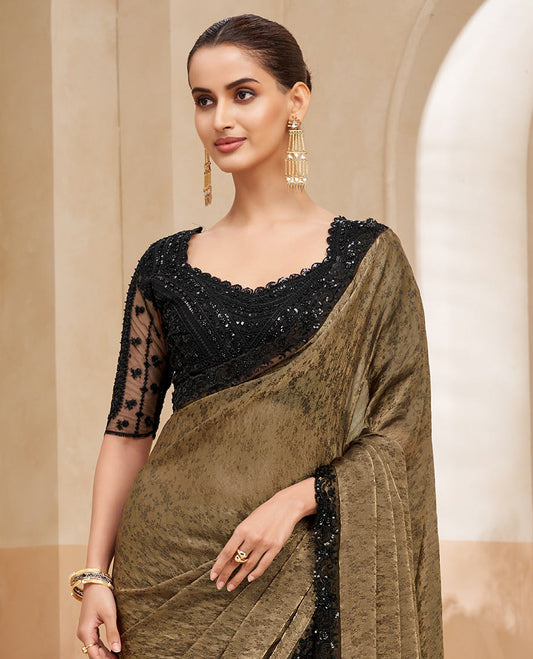 Pale brown floral vine designer saree, contrast sequins embroidered scallop border