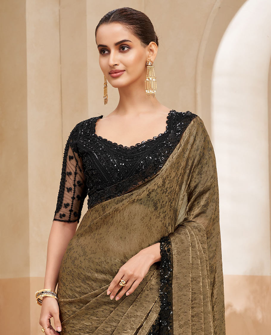 Pale brown floral vine designer saree, contrast sequins embroidered scallop border