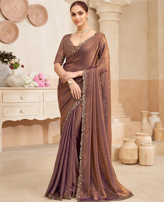Brown plain designer saree, contrast paisley vine embroidered scallop border
