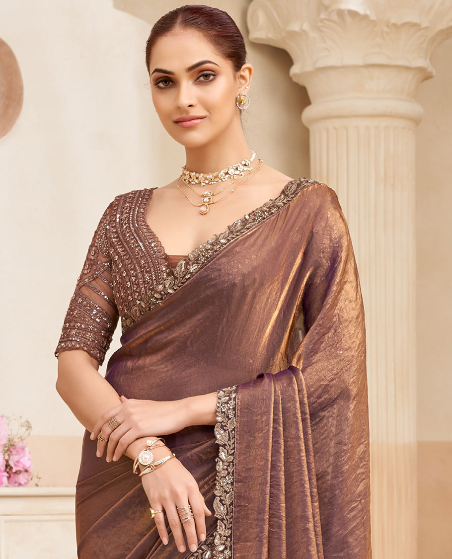 Brown plain designer saree, contrast paisley vine embroidered scallop border