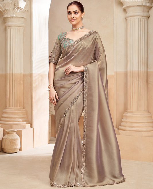 Grey plain designer saree, contrast paisley motifs embroidered scallop border
