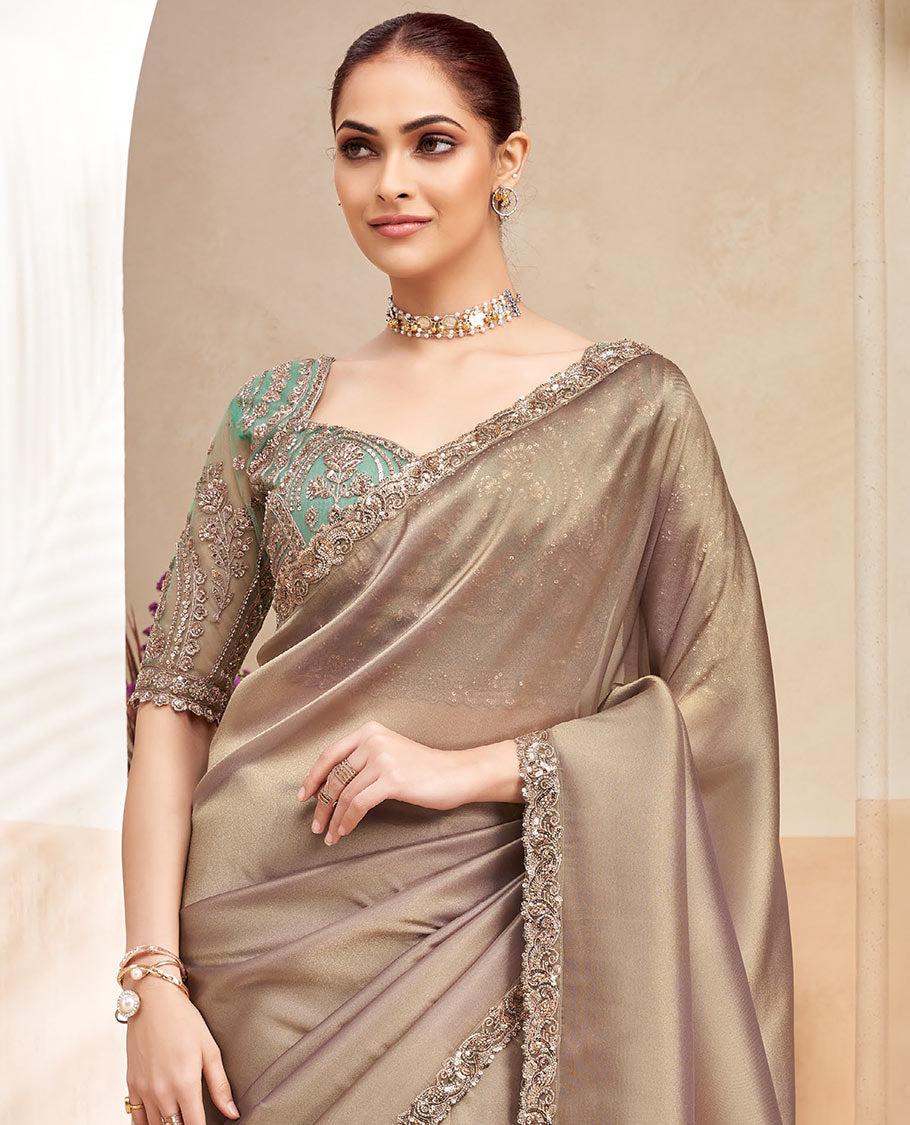 Grey plain designer saree, contrast paisley motifs embroidered scallop border