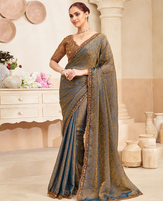 Blue floral vine designer saree, contrast embroidered scallop border