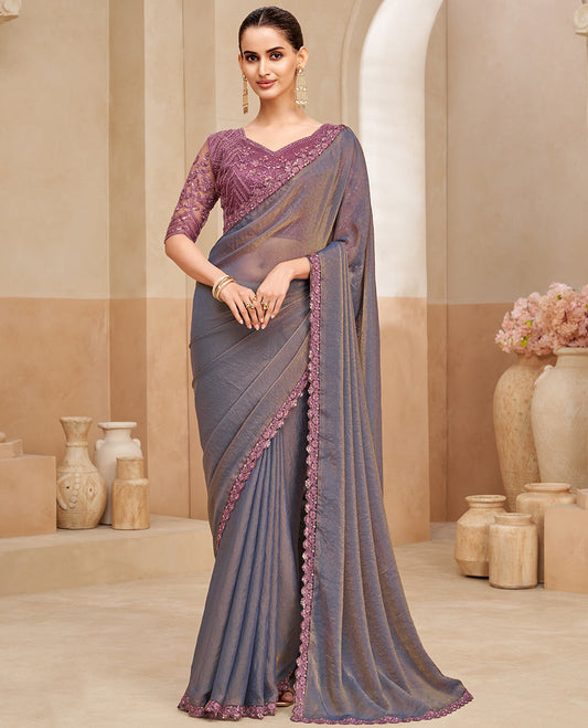 Blue-grey plain designer saree, contrast paisleys embroidered scallop border