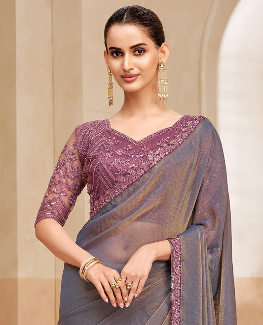 Blue-grey plain designer saree, contrast paisleys embroidered scallop border