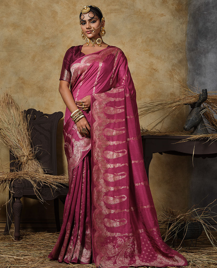 Magenta floral vertical striped designer saree, scallop floral and big paisley design border, and zari woven pallu