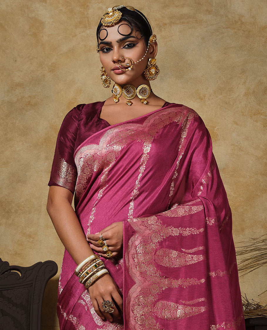 Magenta floral vertical striped designer saree, scallop floral and big paisley design border, and zari woven pallu