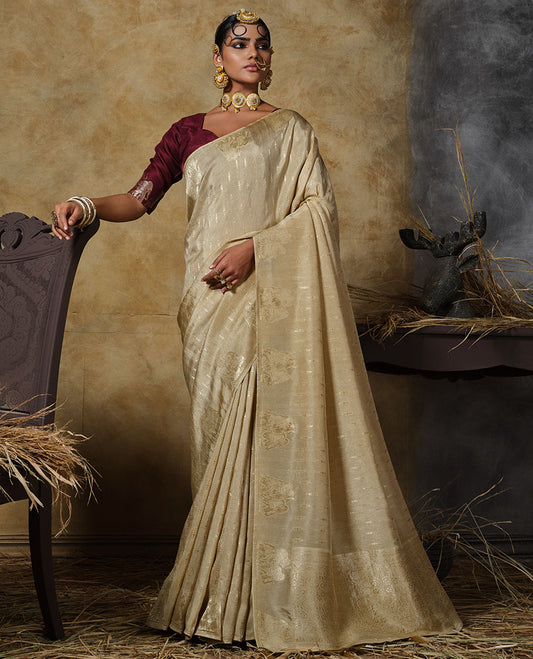 Borderless pearl white buttas with elephant buttas designer saree, Mughal-style jacquard pallu