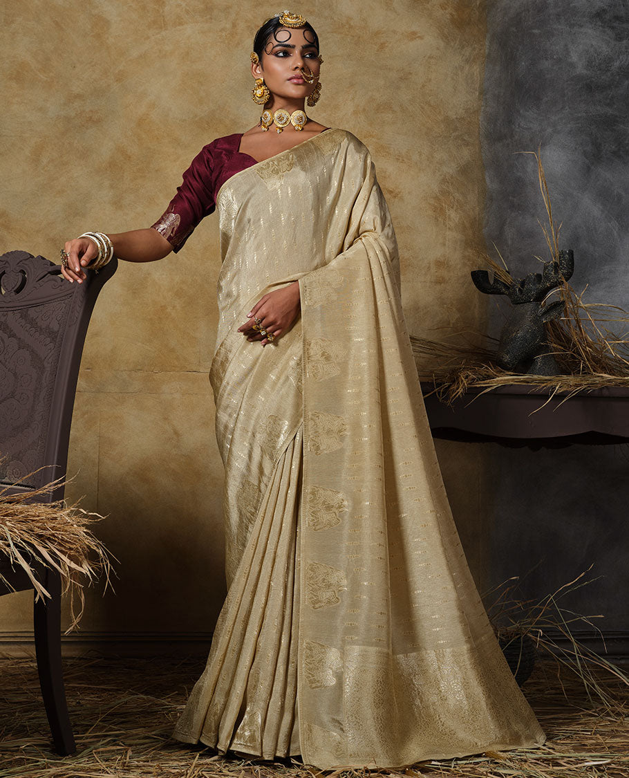 Borderless pearl white buttas with elephant buttas designer saree, Mughal-style jacquard pallu