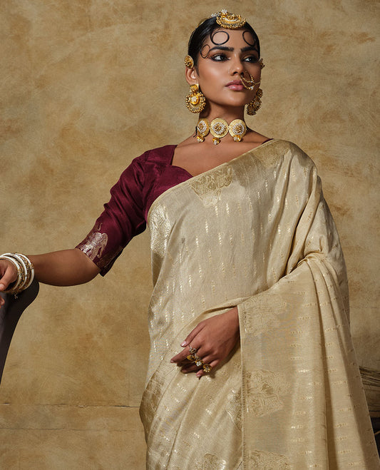 Borderless pearl white buttas with elephant buttas designer saree, Mughal-style jacquard pallu