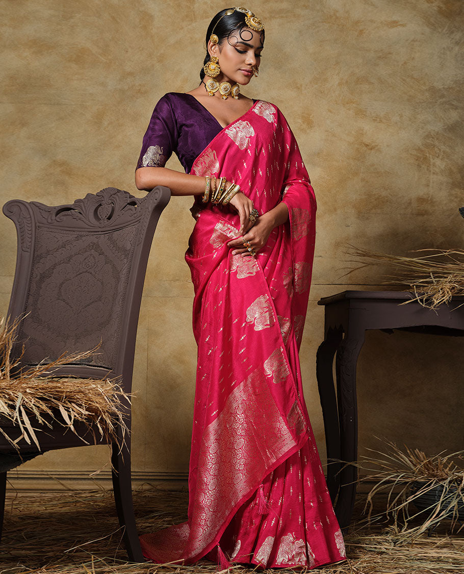 Borderless pink white buttas with elephant buttas designer saree, Mughal-style jacquard pallu