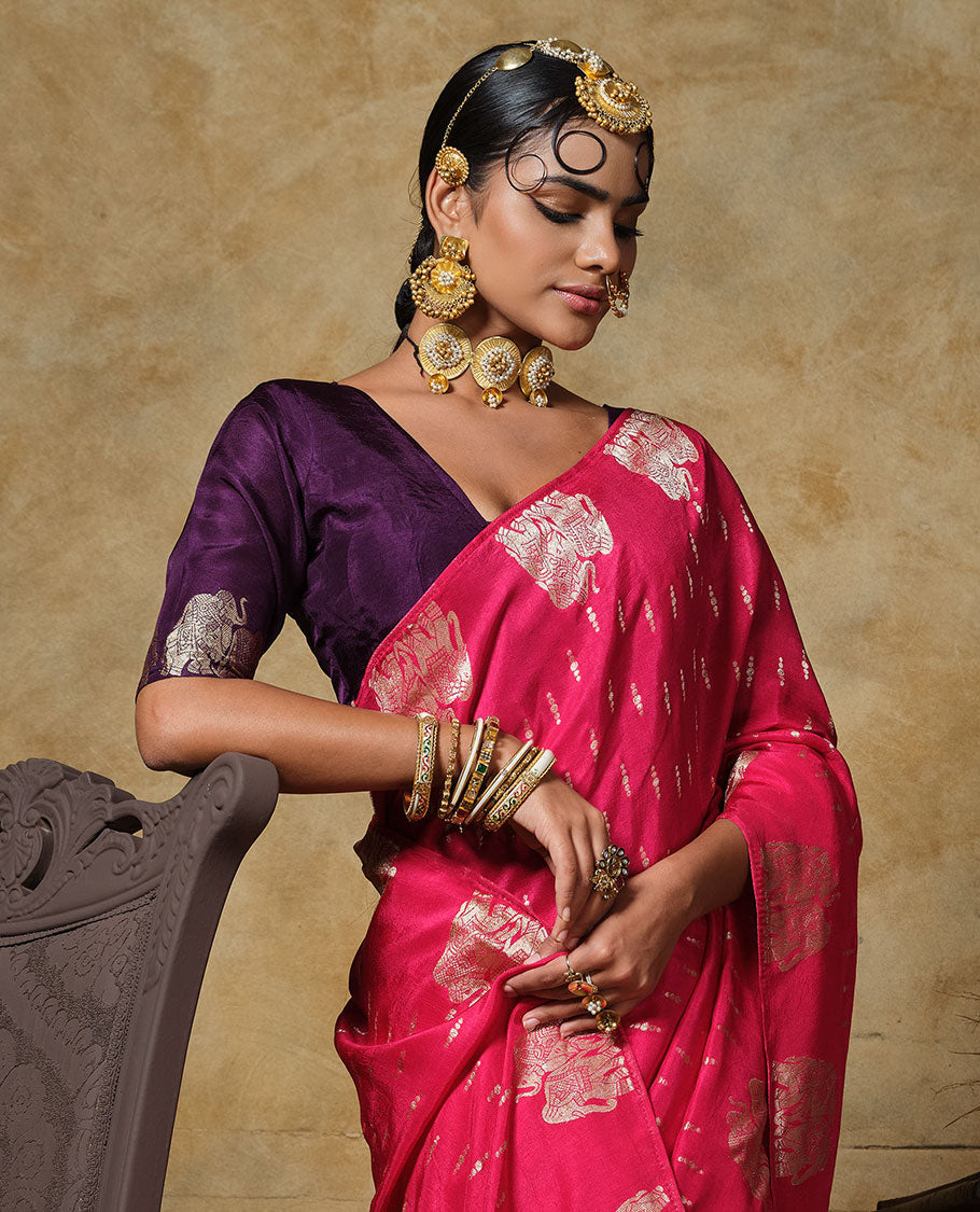 Borderless pink white buttas with elephant buttas designer saree, Mughal-style jacquard pallu