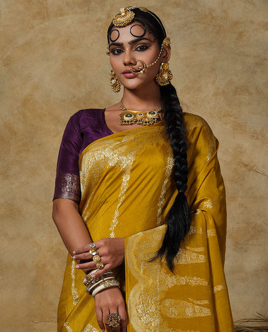 Yellow floral vertical striped designer saree, scallop floral and big paisley design border, and zari woven pallu