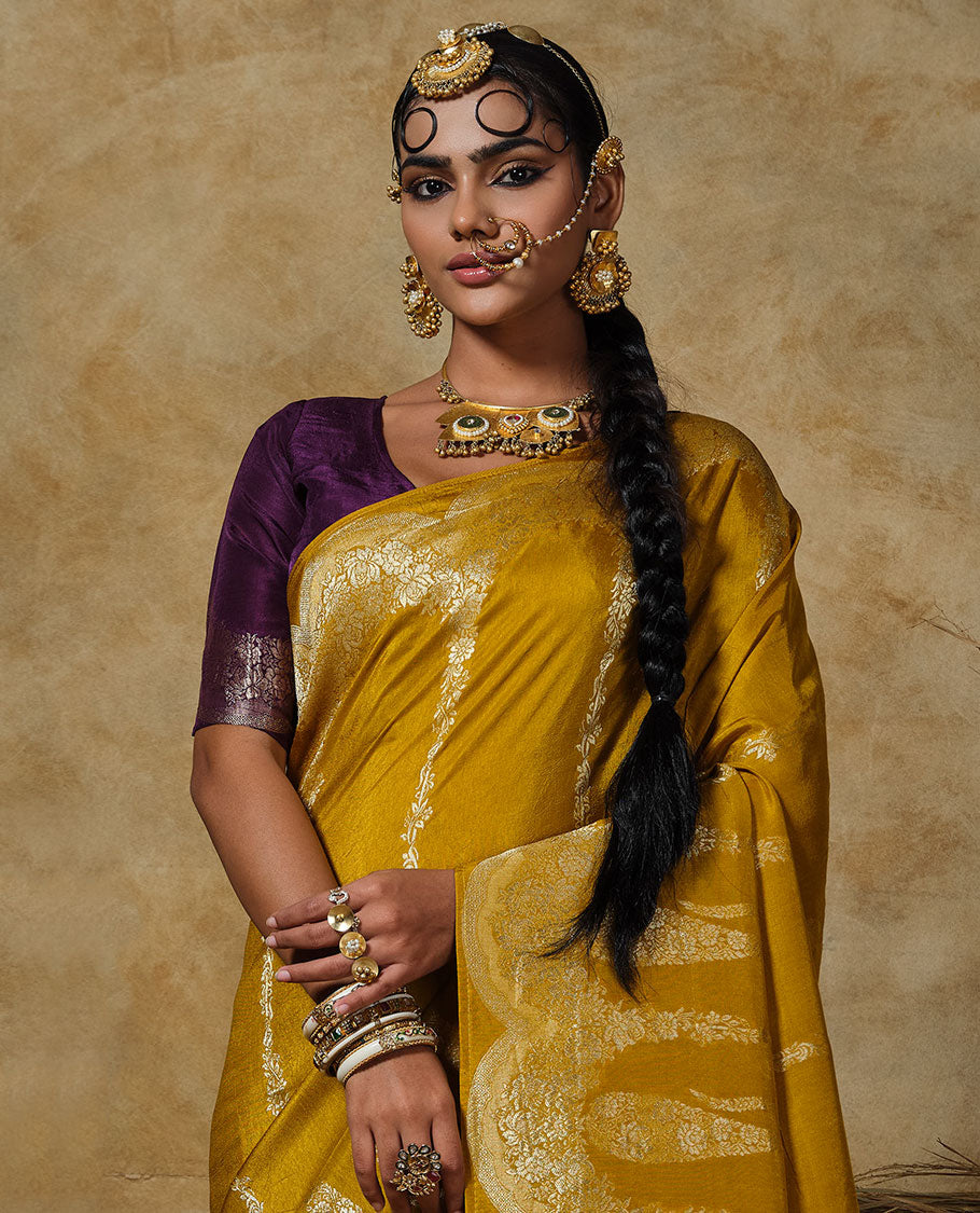 Yellow floral vertical striped designer saree, scallop floral and big paisley design border, and zari woven pallu