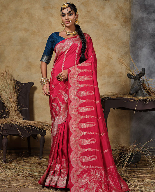 Pink floral vertical striped designer saree, scallop floral and big paisley design border, and zari woven pallu
