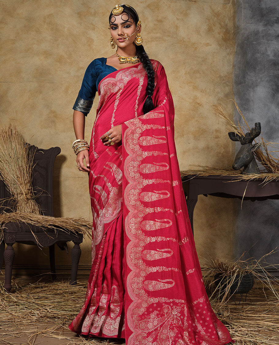 Pink floral vertical striped designer saree, scallop floral and big paisley design border, and zari woven pallu