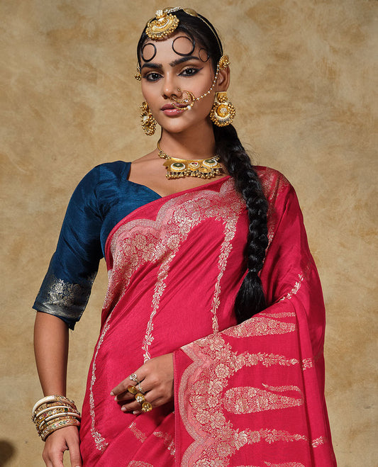 Pink floral vertical striped designer saree, scallop floral and big paisley design border, and zari woven pallu