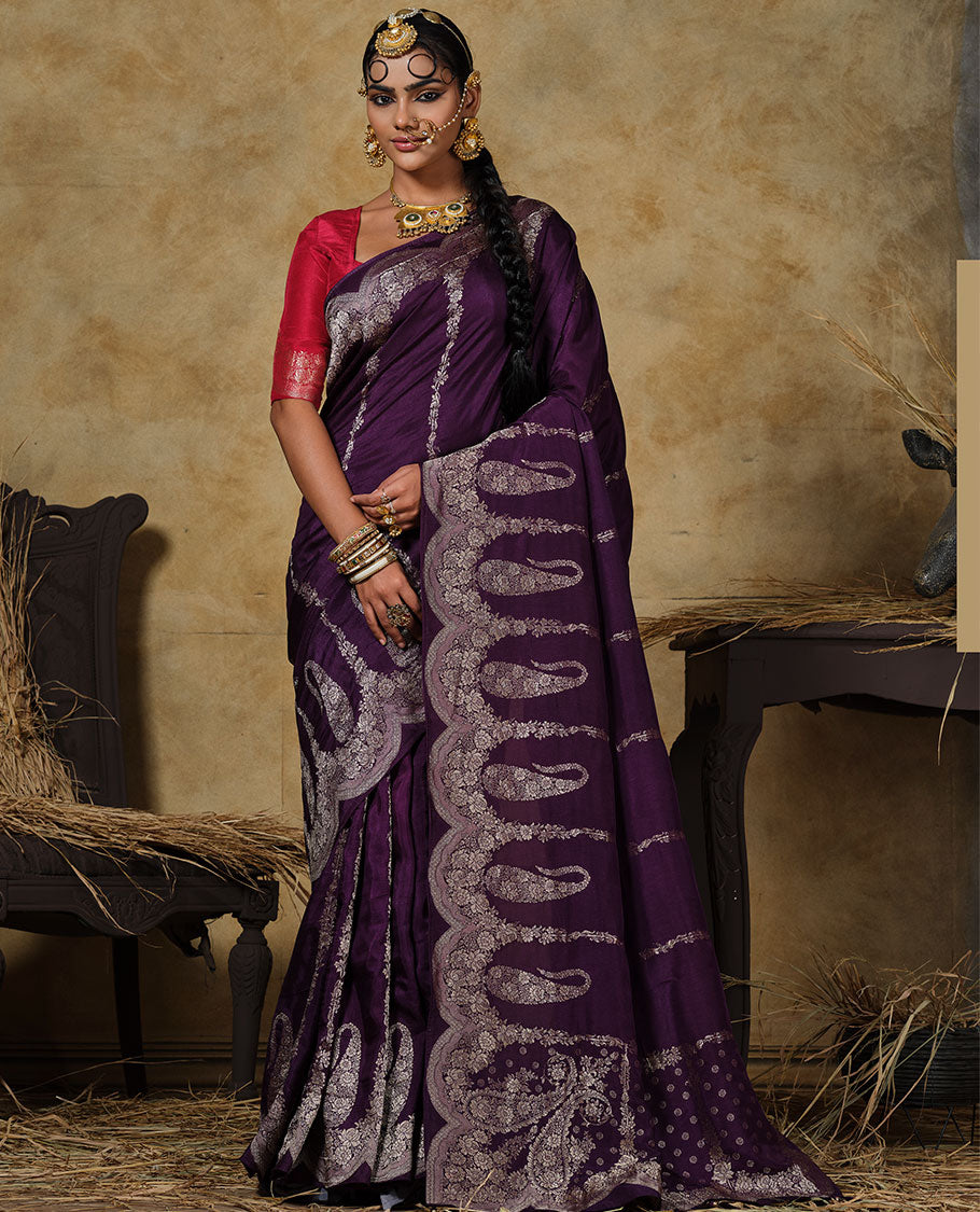 Purple floral vertical striped designer saree, scallop floral and big paisley design border, and zari woven pallu