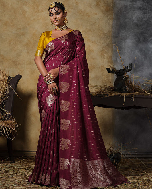 Borderless maroon buttas with elephant buttas designer saree, Mughal-style jacquard pallu