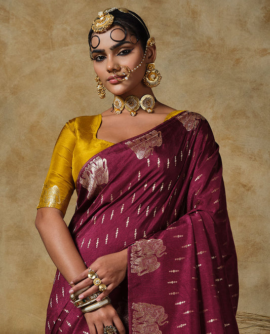 Borderless maroon buttas with elephant buttas designer saree, Mughal-style jacquard pallu