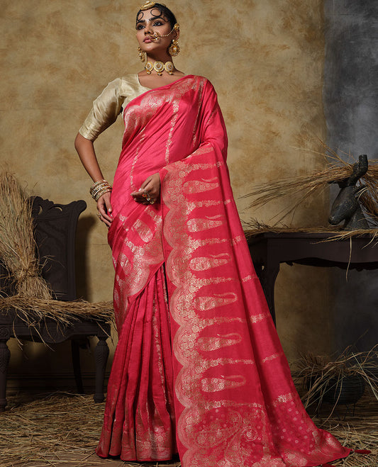 Pink floral vertical striped designer saree, scallop floral and big paisley design border, and zari woven pallu