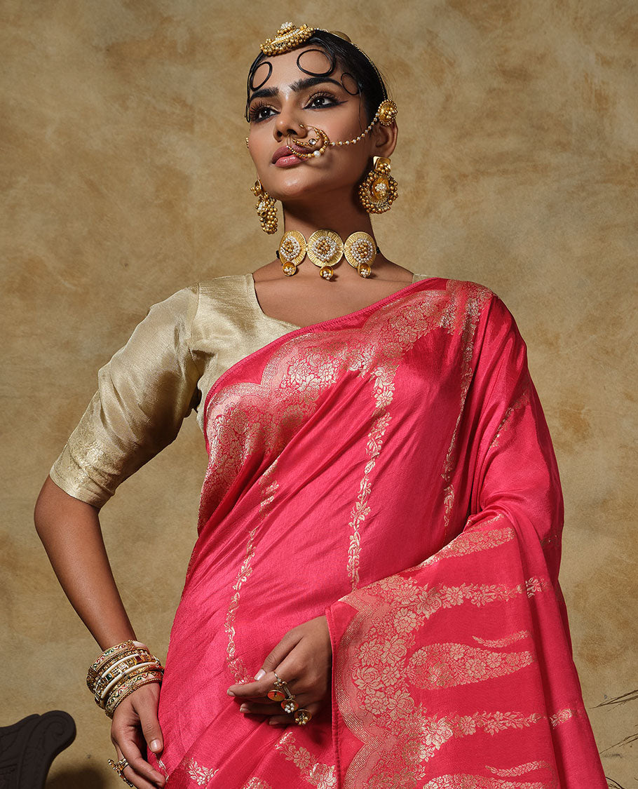 Pink floral vertical striped designer saree, scallop floral and big paisley design border, and zari woven pallu